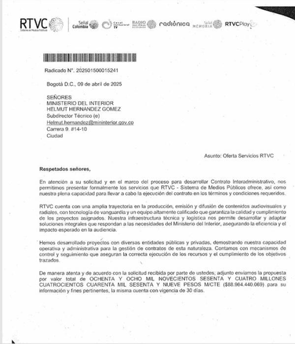 Esta fue la oferta que le envió RTVC al ministerio.