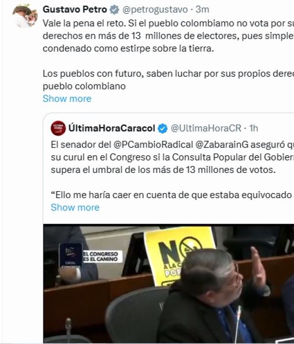 El presidente Gustavo Petro se pronunció sobre la propuesta de Zabaraín de renunciar a su curul.