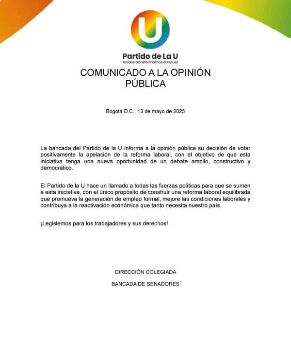 Este es el comunicado del partido de la U.