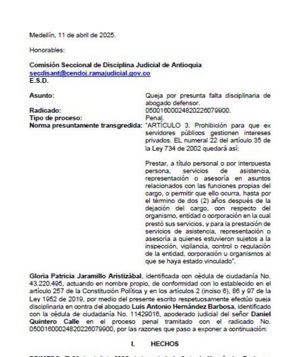 Denuncia presentada por Gloria Jaramillo.
