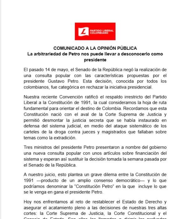 Comunicado del Partido Liberal.