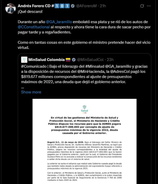 Este es el trino del representante Andrés Forero en donde se refiere a la comunicación del Ministerio.