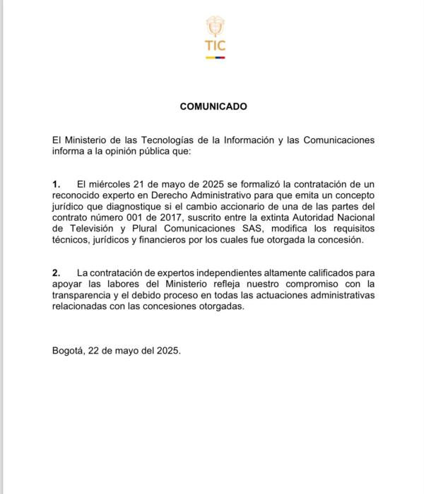 Canal 1 y Ministerio de las TIC sobre la caducidad de la concesión.