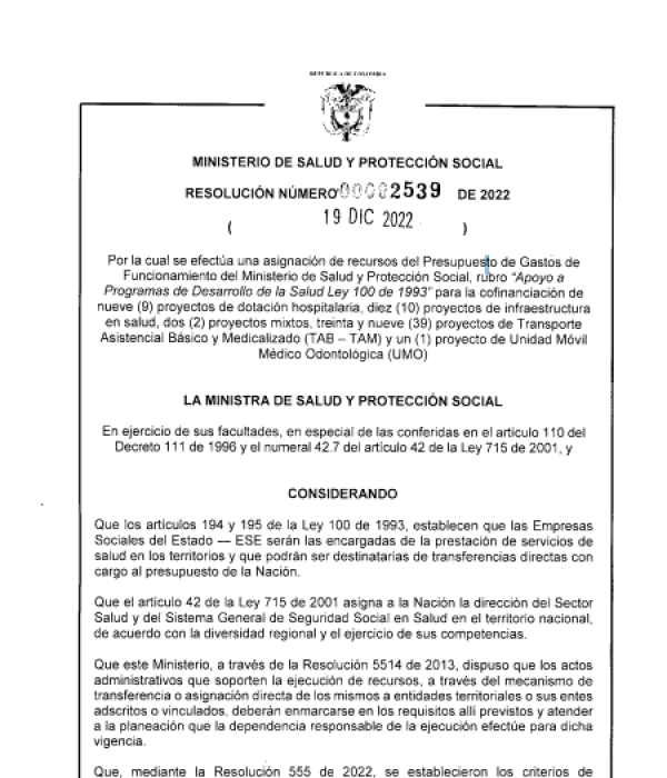 Resolución 2539 del 19 de diciembre de 2022,emitida por el ministerio de Salud y Protección Social.