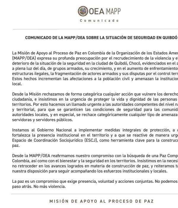 Comunicado de la Misión de Apoyo a la Paz de la OEA.
