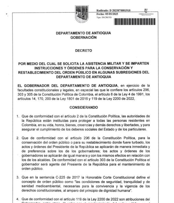 Decreto emitido por el Gobernador de Antioquia solicitando asistencia militar al Gobierno Nacional.