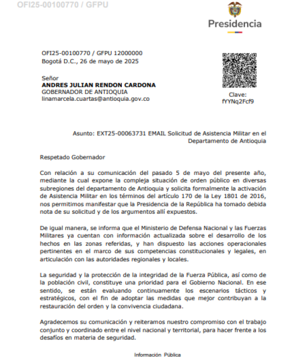 Respuesta de la Presidencia de la República a la solicitud del Gobernador de Antioquia.