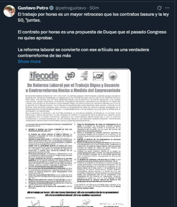 Trino del presidente Gustavo Petro sobre la reforma laboral