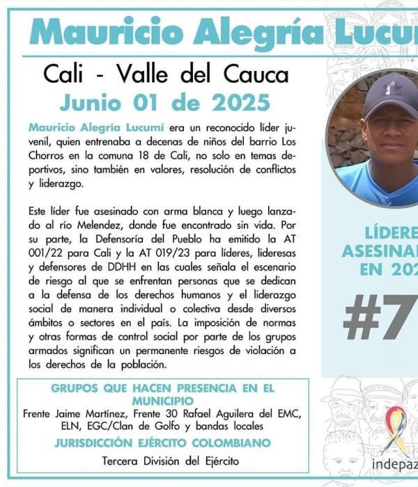 Rechazan asesinato del líder Mauricio Alegría Lucumí.