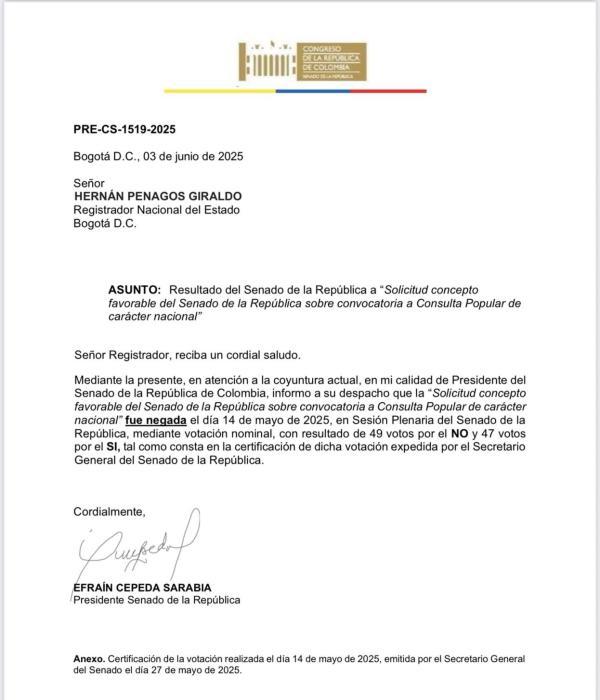 Carta enviado por Efraín Cepeda al registrador nacional.