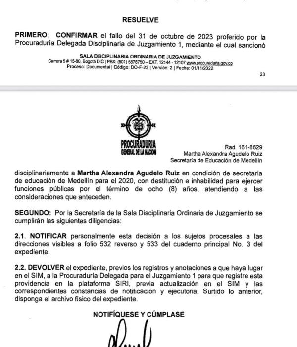 Fallo de segunda instancia de la Procuraduría en contra de Martha Alexandra Agudelo.