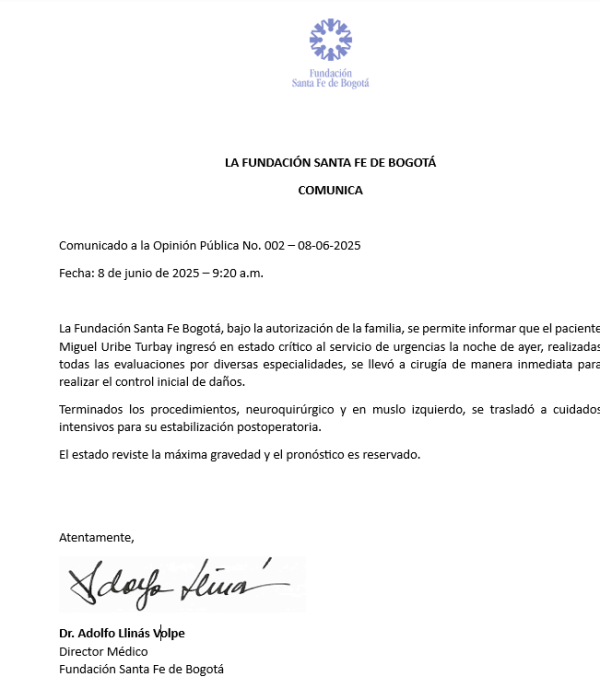 Comunicado Fundación Santa Fé- domingo 8 de junio 2025, 9:20 a.m.