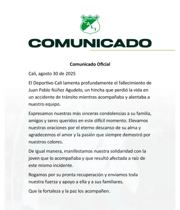 Directivas del Deportivo Cali lamentaron la trágica muerte del hincha Juan Pablo Núñez Agudelo.