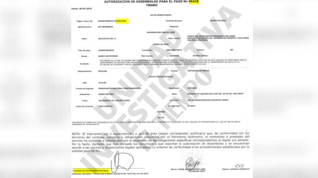 Está es documento de la autorización para la transferencia del giro a Sabana de Torres.