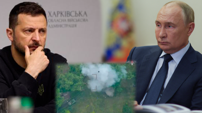 Volodimir Zelenski y Vladimir Putin. Imagen aérea del ejército ruso bombardeando tropas ucranianas en Kursk.
