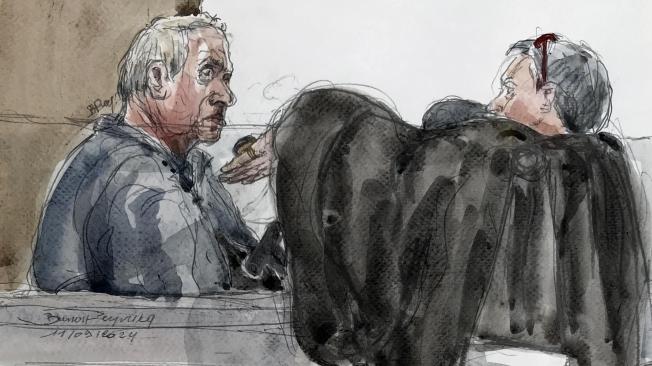 This court sketch made on September 11, 2024 shows Dominique Pelicot (L) speaking with his lawyer Beatrice Zavarro in court before being excused from the hearing, for the third consecutive day, to be transported for medical examinations. Dominique Pelicot is accused of drugging his wife for nearly ten years and inviting strangers to rape her at their home in Mazan, a small town in the south of France, at the courthousein Avignon. A court in the southern town of Avignon is trying Dominique Pelicot, a 71-year-old retiree, for repeatedly raping and enlisting dozens of strangers to rape his heavily sedated wife in her own bed over a decade. Fifty other men, aged between 26 and 74, are also on trial for alleged involvement, in a case that has horrified France. The court proceedings, which runs until December, are open to the public at the request of Dominique Pelicot's ex-wife and victim. (Photo by Benoit PEYRUCQ / AFP)