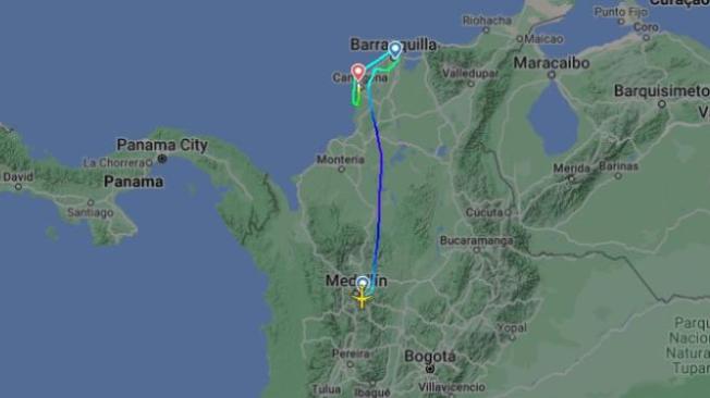 El vuelo se desvió y aterrizó en Cartagena. Este fue su recorrido, según la plataforma Flightradar24.