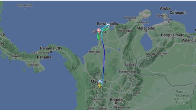 El vuelo se desvió y aterrizó en Cartagena. Este fue su recorrido, según la plataforma Flightradar24.