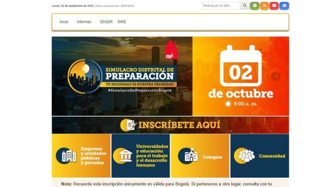 Página del Idiger para inscribirse al simulacro en Bogotá.