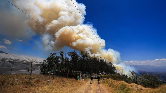 Fotografía de un incendio forestal este jueves en el Cerro Auki, en Quito (Ecuador). Los incendios forestales en Ecuador han arrasado más de 38.000 hectáreas de cobertura vegetal hasta el momento, mientras que en Quito, la capital, persisten focos de un gran incendio que se desató el pasado martes, devastando alrededor de 146 hectáreas en la zona centro-norte de la ciudad. EFE/ José Jácome