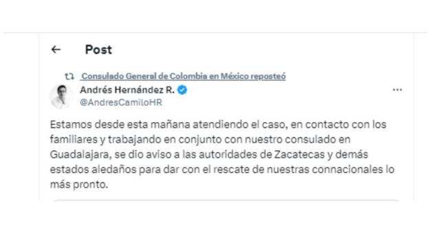 Mensaje del cónsul Andrés Hernández sobre secuestro de madre e hija colombianas en México.