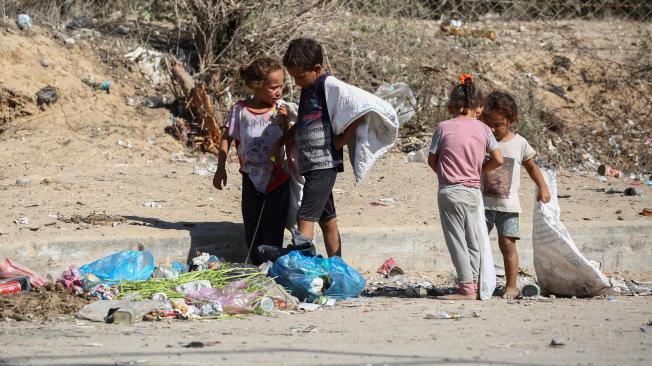 Niños palestinos recogen objetos de la basura en Deir el-Balah, en el centro de la Franja de Gaza.