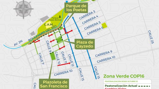 Mapa de las calles que serán peatonales en el centro de Cali.
