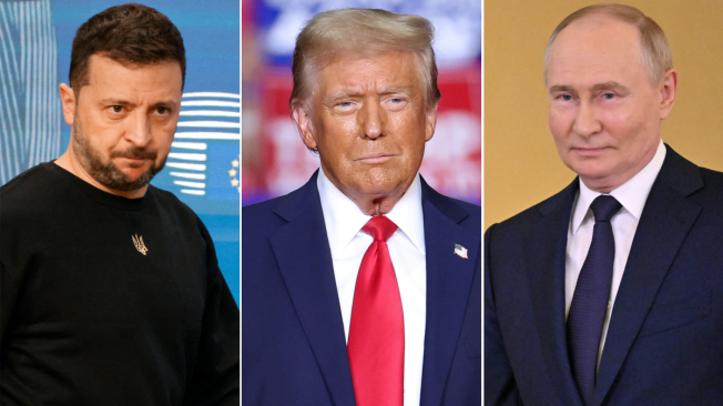 El presidente de Ucrania, Volodimir Zelenski; el virtual presidente de Estados Unidos, Donald Trump; y el mandatario ruso, Vladimir Putin.
