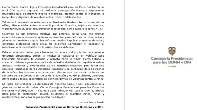 Comunicado Consejera Presidencial DDHH