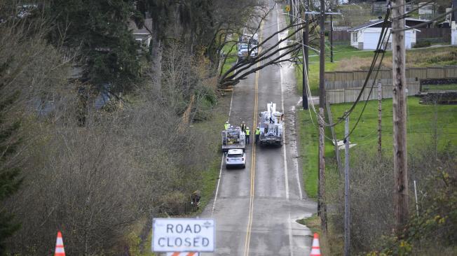 Trabajadores retiran un árbol caído de una carretera el 20 de noviembre de 2024 en Lake Stevens, Washington.