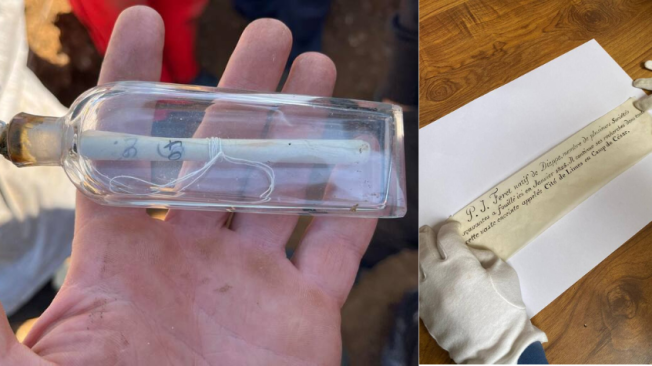 Estudiantes voluntarios encontraron una botella de vidrio de 200 años con una nota escrita por un arqueólogo del siglo XIX durante una excavación en un antiguo pueblo galo.