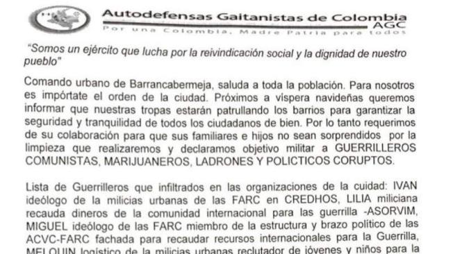 Este es el panfleto en el que las Autodefensas Gaitanistas de Colombia amenazan a varios líderes sociales.
