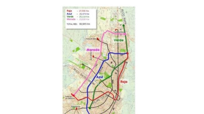 Red seleccionada en el diseño conceptual de la red del Metro. Año 2010. Imagen tomada de: http://www.metrodebogota.gov.co/?q=transparencia/informacion-interes/publicacion/estudios/dise%C3%B1os-b%C3%A1sicos-a%C3%B1o-2015