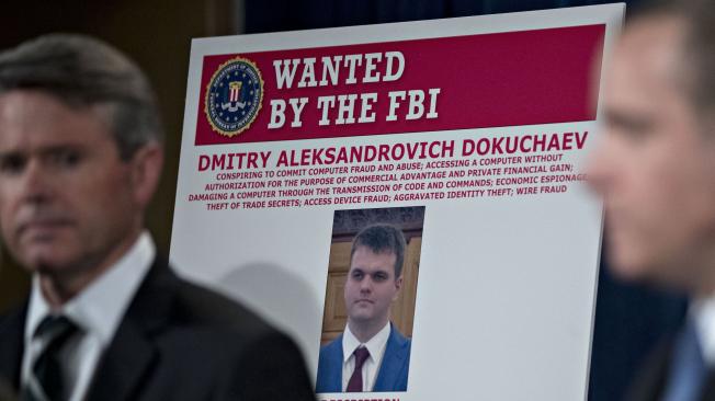 Un cartel en el que aparece Dmitry Dokuchaev (centro) se encuentra en exhibición durante una conferencia de prensa en el Departamento de Justicia en Washington, D.C., EE.UU., el 15 de marzo de 2017.
