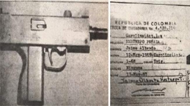 Arma y cédula de ciudadanía del sicario de Bernardo Jaramillo Ossa.