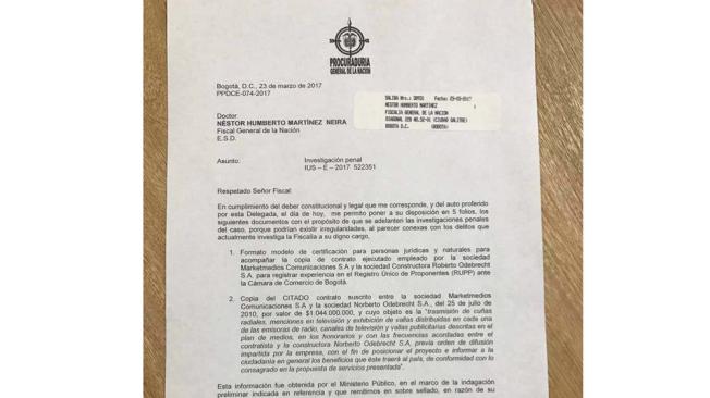 Este fue el documento que la Procuraduría le envío a la Fiscalía para investigar el contrato entre Marketmedios y Odebrecht.