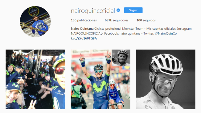 Pantallazo de la cuenta de Instagram de Nairo Quintana.