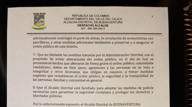 Alcalde decreta Toque de Queda en Buenaventura