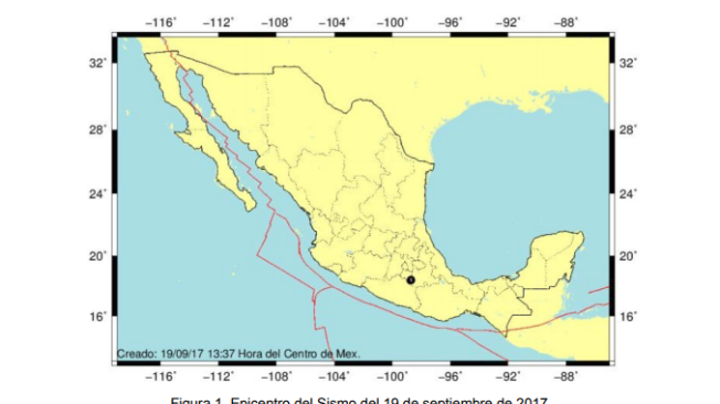 Lugar del epicentro del terremoto en México
