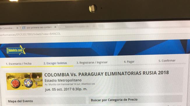 Pantallazo del proceso de venta para el partido entre Colombia y Paraguay.