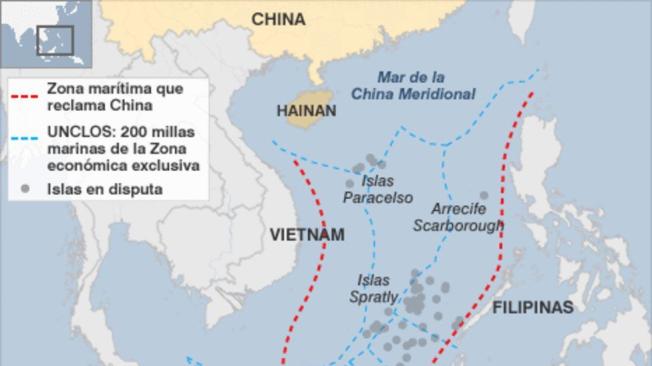 Mapa del mar de China Meridional que muestra las zonas en disputa.