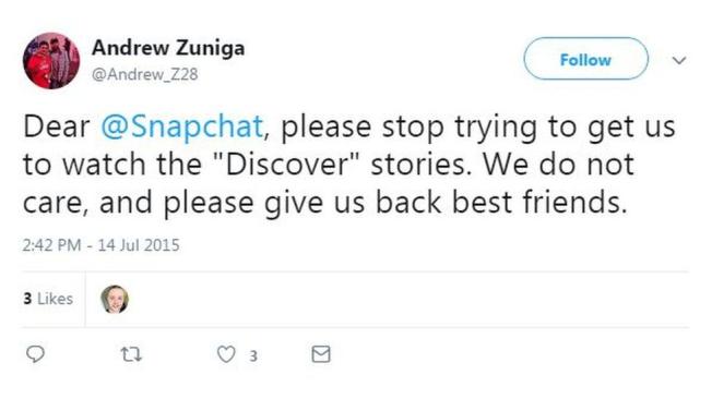 "Querido Snapchat, por favor, dejen de intentar que no veamos las historias de la sección Discover" escribió en Twitter un usuario. (Foto: Twitter/AndrewZuniga).