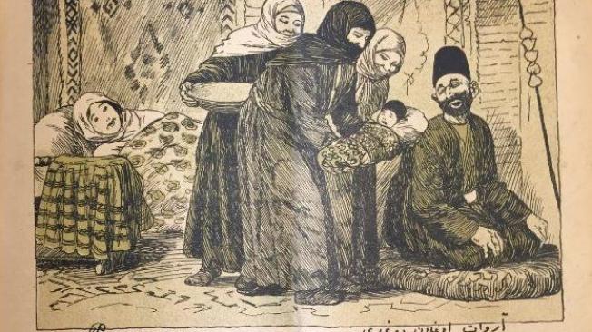 En esta caricatura de 1909 publicada en Azerbaiyán, el padre responde en la primera imagen al nacimiento de un varón, y en la segunda al de una niña. (Foto: gentileza Librería Nacional de Azerbaiyán)