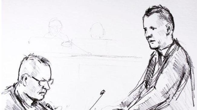 Ilustración de Madsen (izquierda) siendo interrogado por el fiscal Jakob Buch-Jepsen (de pie) en el primer día de juicio.