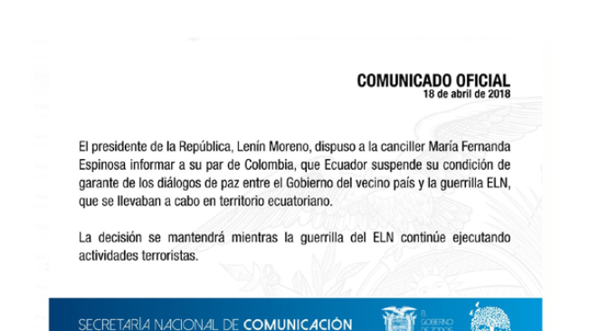 Comunicado oficial de la Secretaría Nacional de Comunicación de Ecuador.
