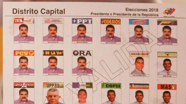 Fotografía del tarjetón para las elecciones presidenciales venezolanas que fue presentado por la presidenta del Consejo Nacional Electoral (CNE), Tibisay Lucena, durante una rueda de prensa este jueves 3 de mayo de 2018, en Caracas (Venezuela).