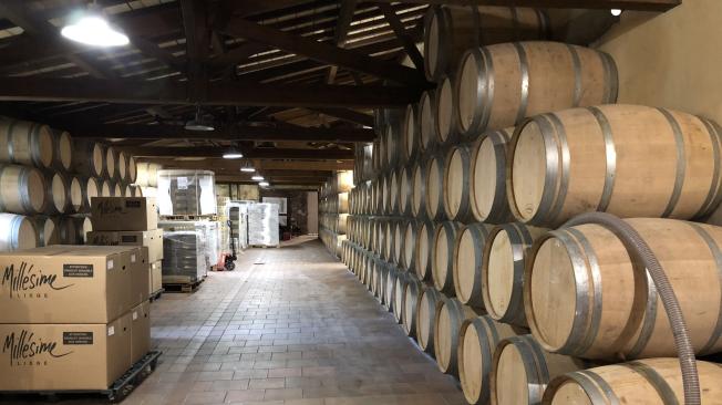 Modernas bodegas de vino con sus barriles de roble se ven a lo largo de este viaje por la región de Aquitania.
