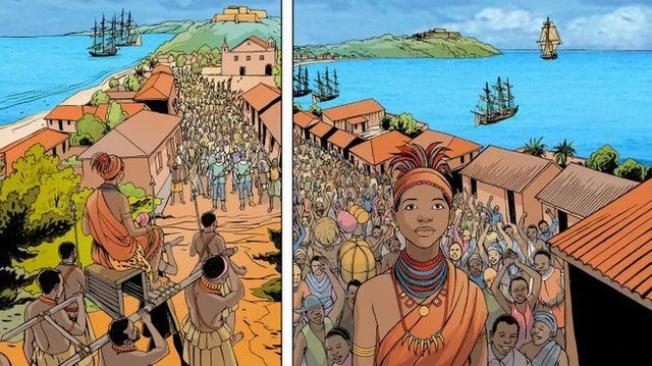 En este cómic realizado por la UNESCO sobre mujeres históricas africanas, se muestra el momento en que Njinga descubrió cómo Luanda se había convertido en uno de los mayores puertos de esclavos del continente.