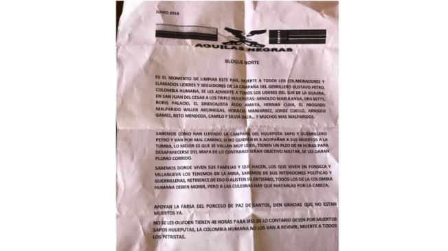 El panfleto que fue repartido en las regiones de La Guajira y que pretendía amenazar a los líderes de la campaña de Gustavo Petro.