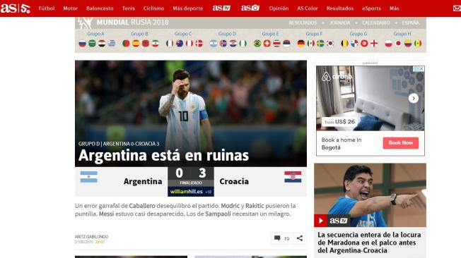 Luego del 3 - 0 que sorprende al mundo del fútbol por la derrota de Argentina, el diario deportivo AS hace énfasis en que Messi no tuvo mayor participación en el partido.